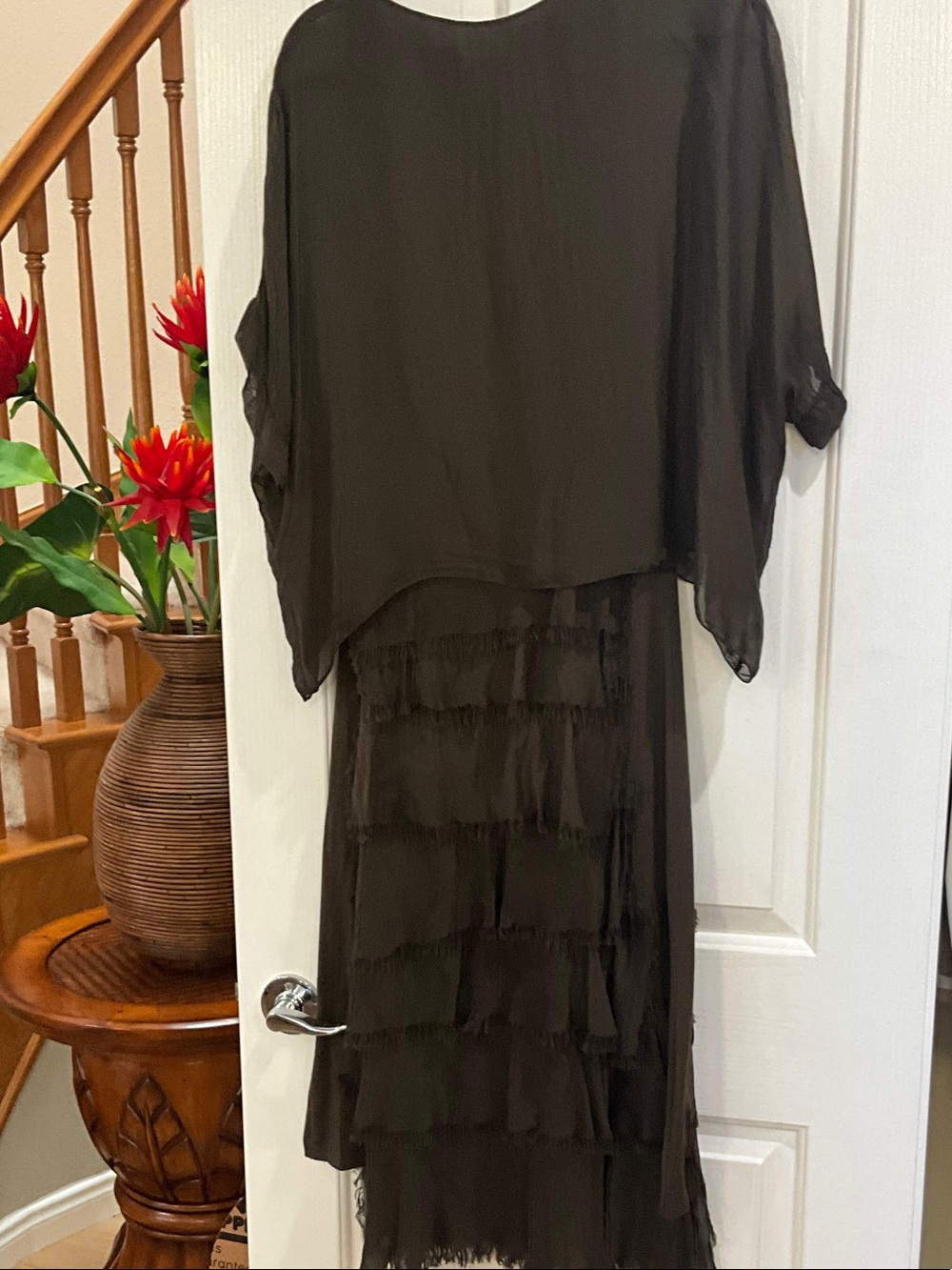 Tiered Fringe Midi Dress in Chocolate Brown/ olive appearance